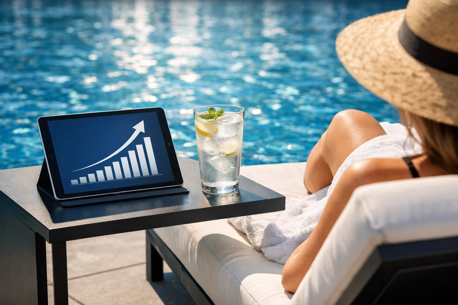 Relaxing by a pool with a growth chart representing the financial freedom of a pool route investment.