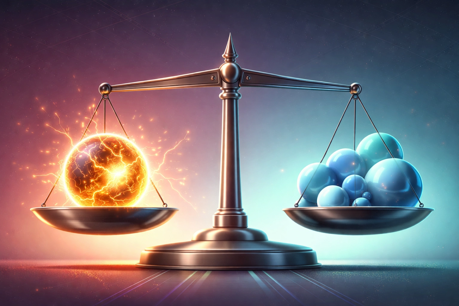 Balance scale comparing a risky investment with multiple stable assets, illustrating proper risk-weighting in diversification.