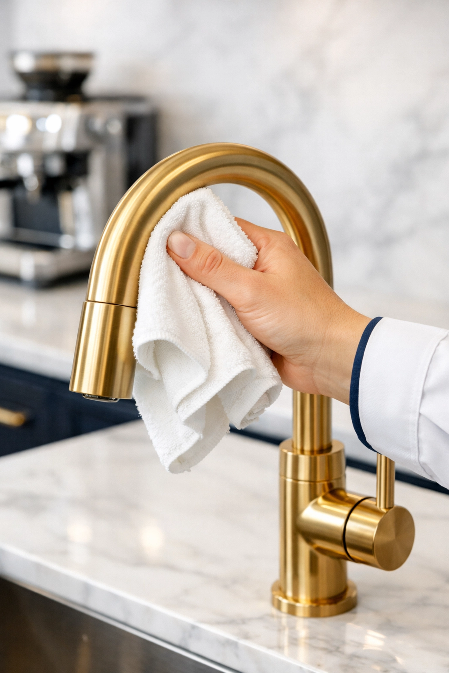 Professional cleaner polishing a gold faucet in a luxury Lincoln kitchen with marble countertops.