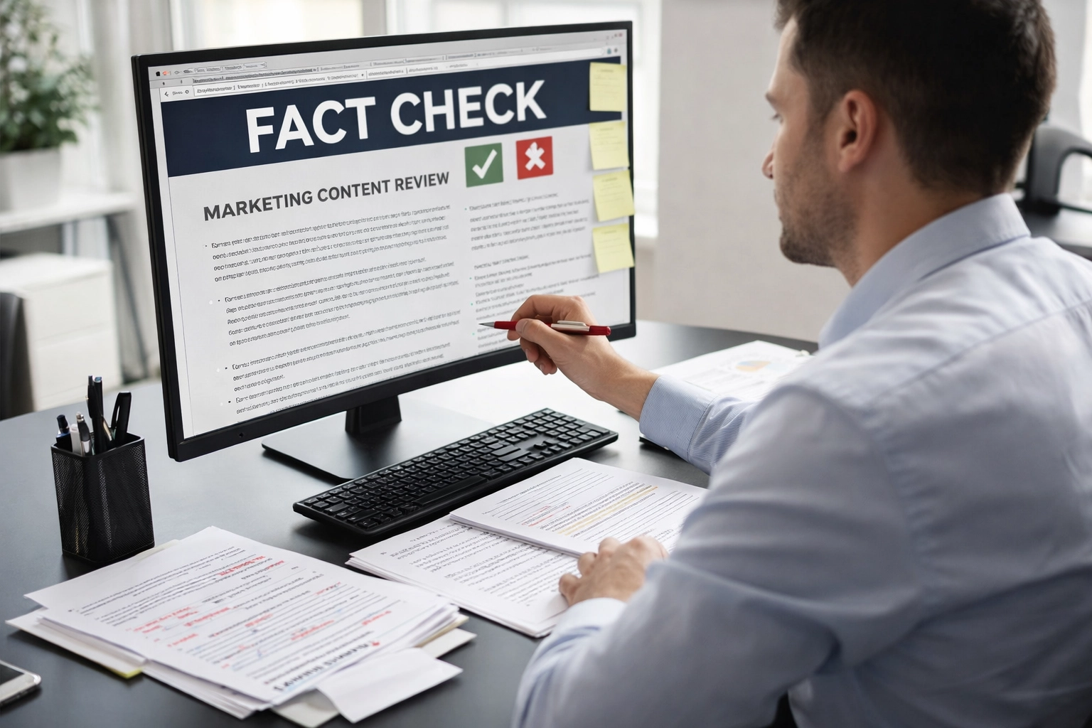 Professional fact-checking marketing content with notes and a computer in an office