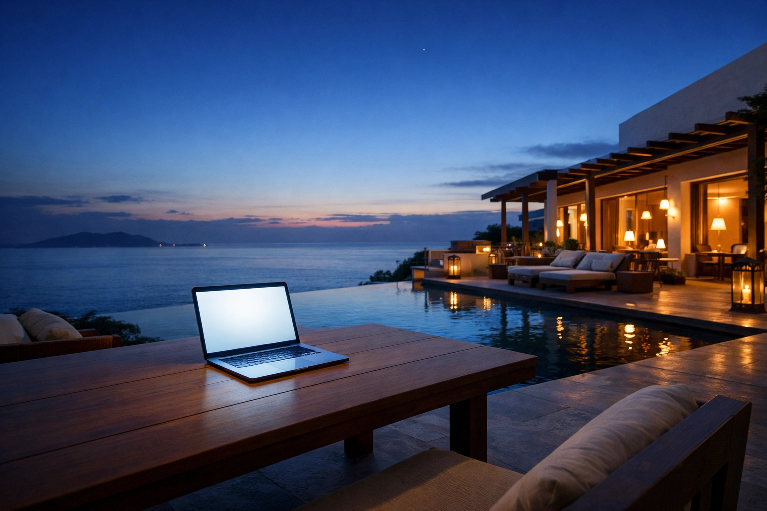 Managing hotel booking engine and channel manager rates on a laptop at a resort.