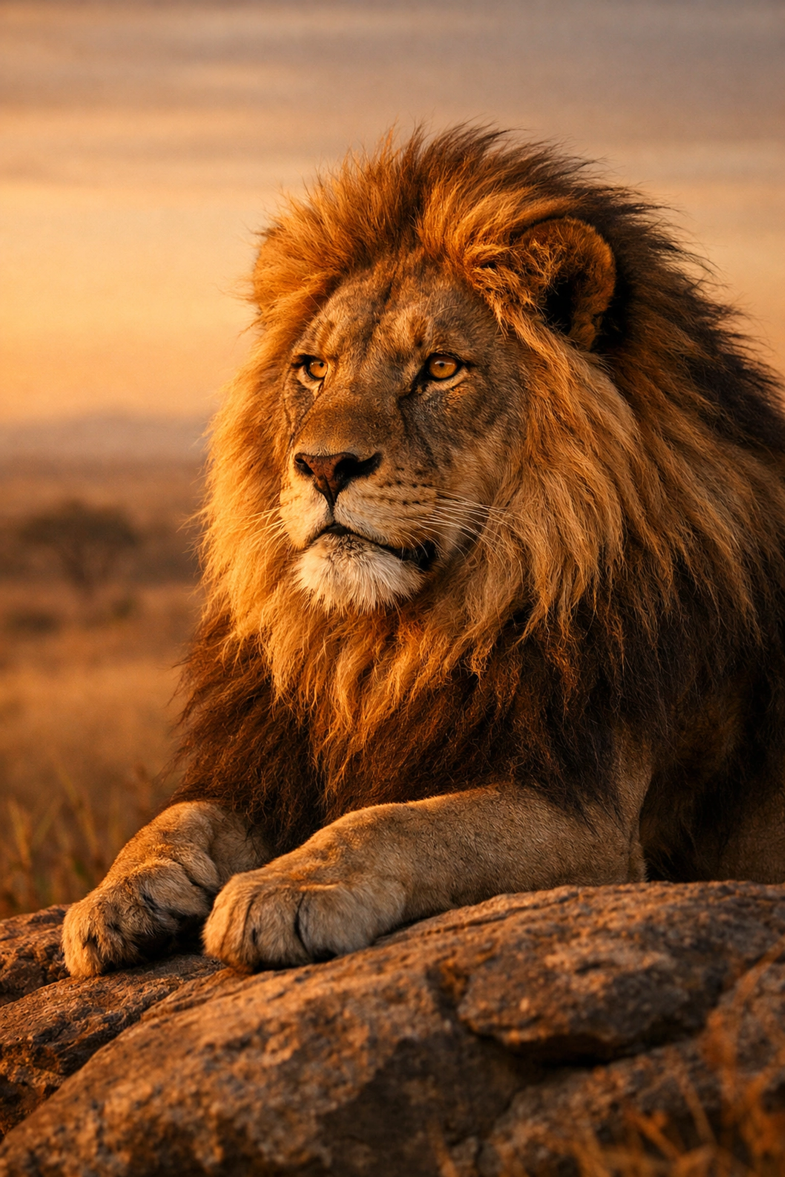 Professional stock photo of a male lion on a rocky savanna outcrop representing high-quality zoo branding.