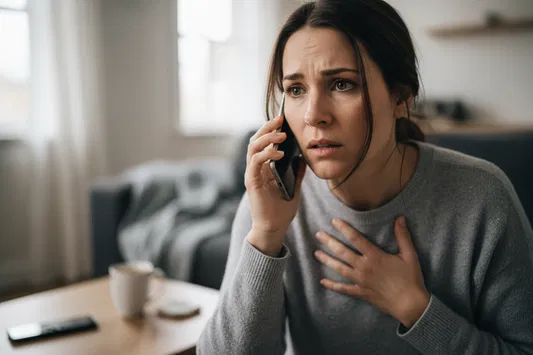 A concerned woman sits on a couch making an urgent phone call, highlighting the need for support and resources when navigating emotional distress.