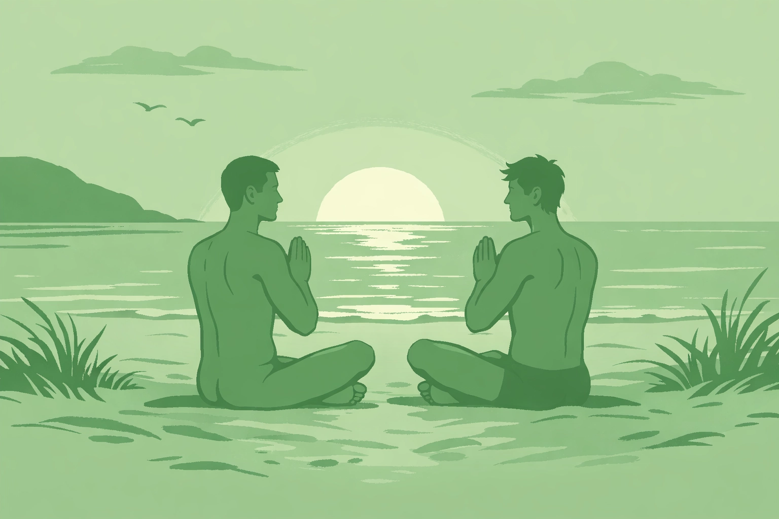 Gay men practicing yoga on beach at sunrise for wellness and mindfulness