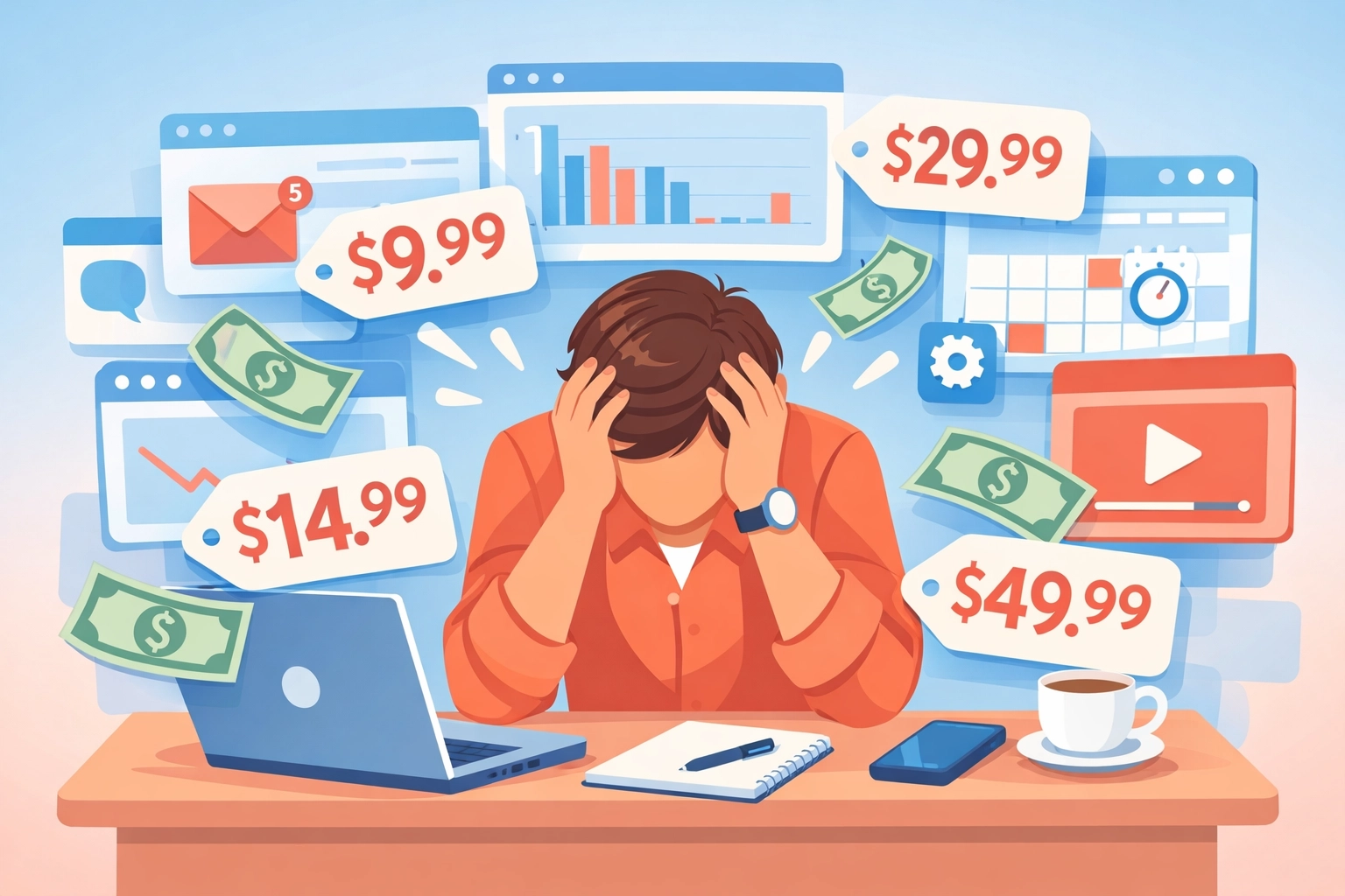 SMB owner overwhelmed by multiple software subscription costs and scattered business tools
