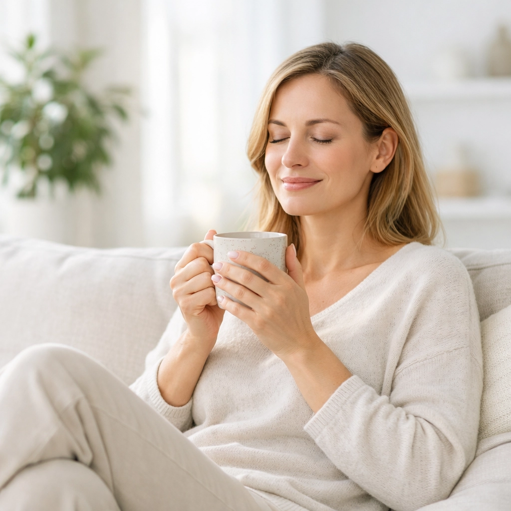 Serene woman relaxing on a sofa, symbolizing natural PMS and hormone relief with evening primrose oil.