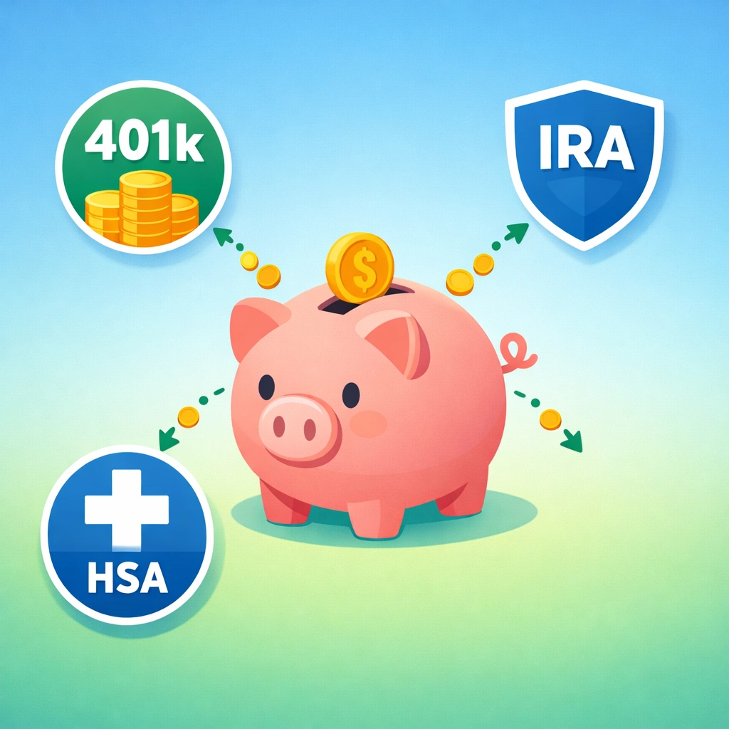 Piggy bank with 401k, IRA, and HSA symbols showing tax-advantaged retirement savings