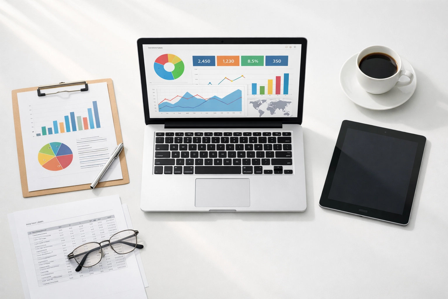 Professional workspace with GA4 dashboard and analytics reports for strategic planning