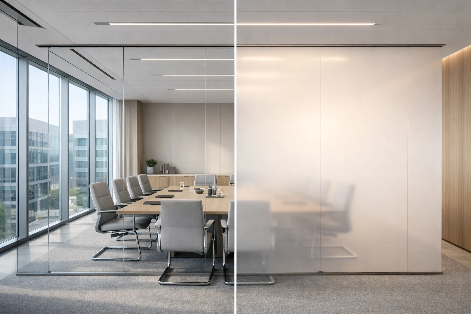 Modern boardroom with switchable smart glass walls in clear and frosted modes for instant office privacy.
