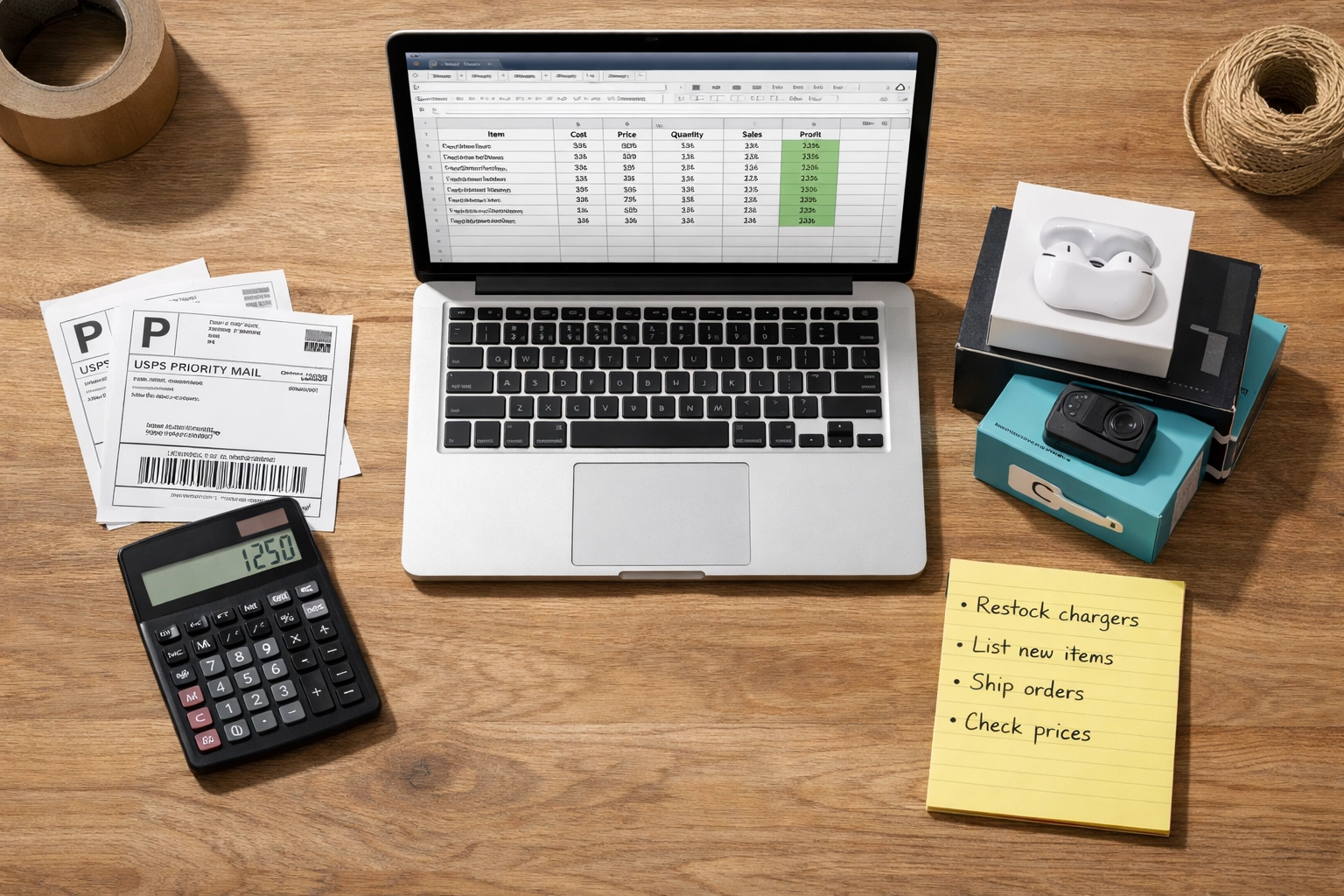 Reseller workspace with laptop and calculator for liquidation pallet profit analysis