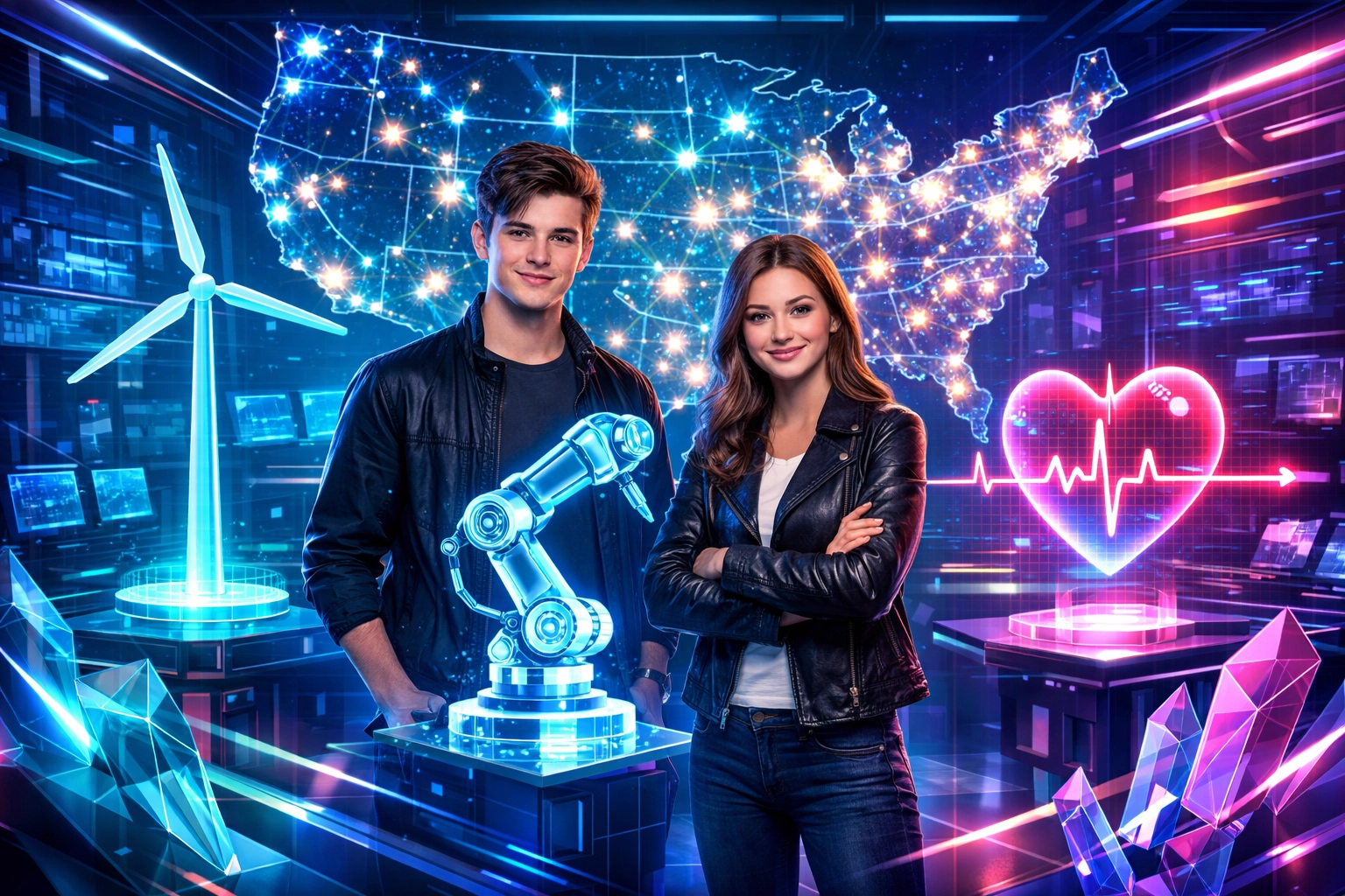 Future Gen Z talent interacting with high-tech workforce simulations across a national educational network.