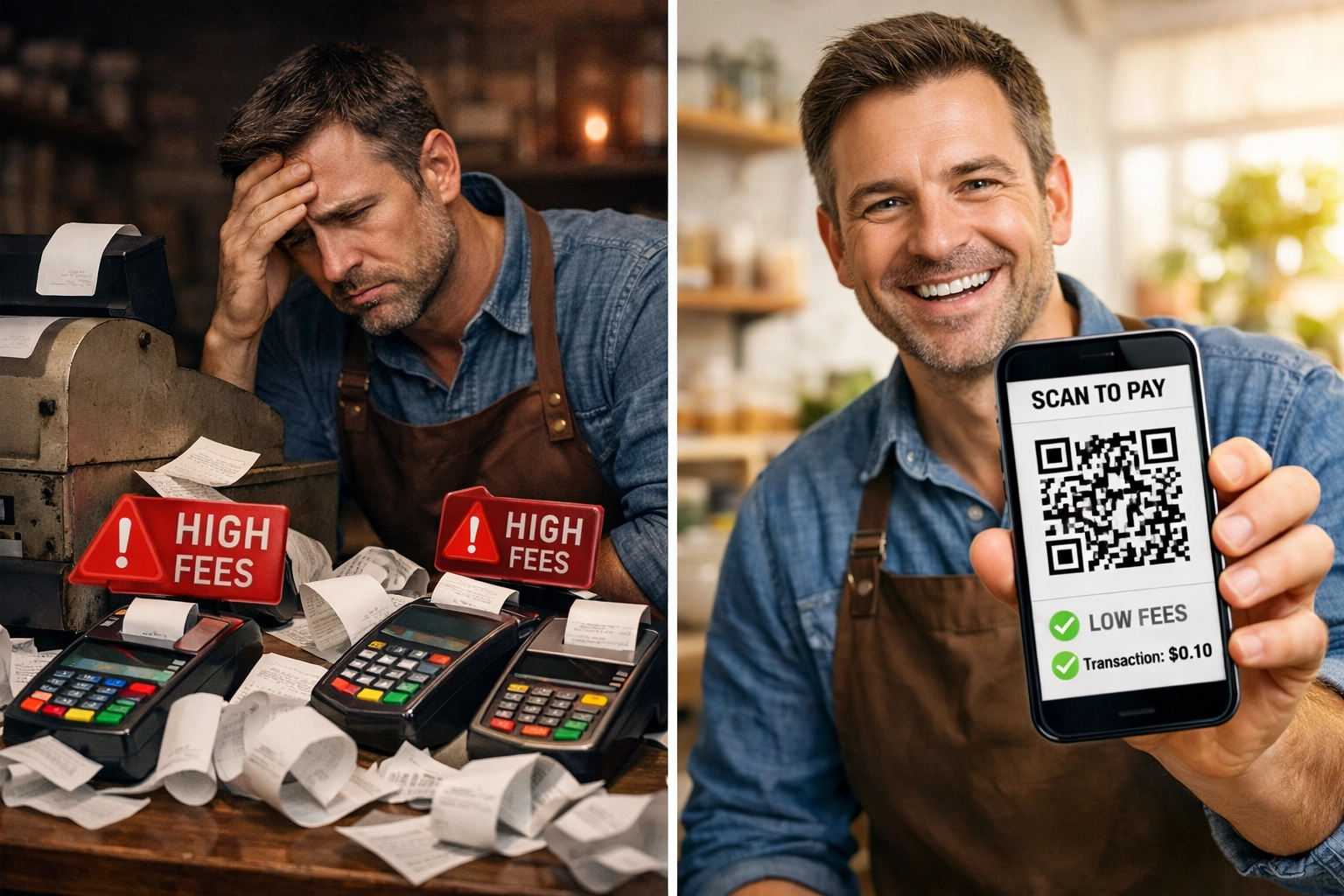 Comparison of traditional high-fee payment processing versus low-cost crypto QR code payments