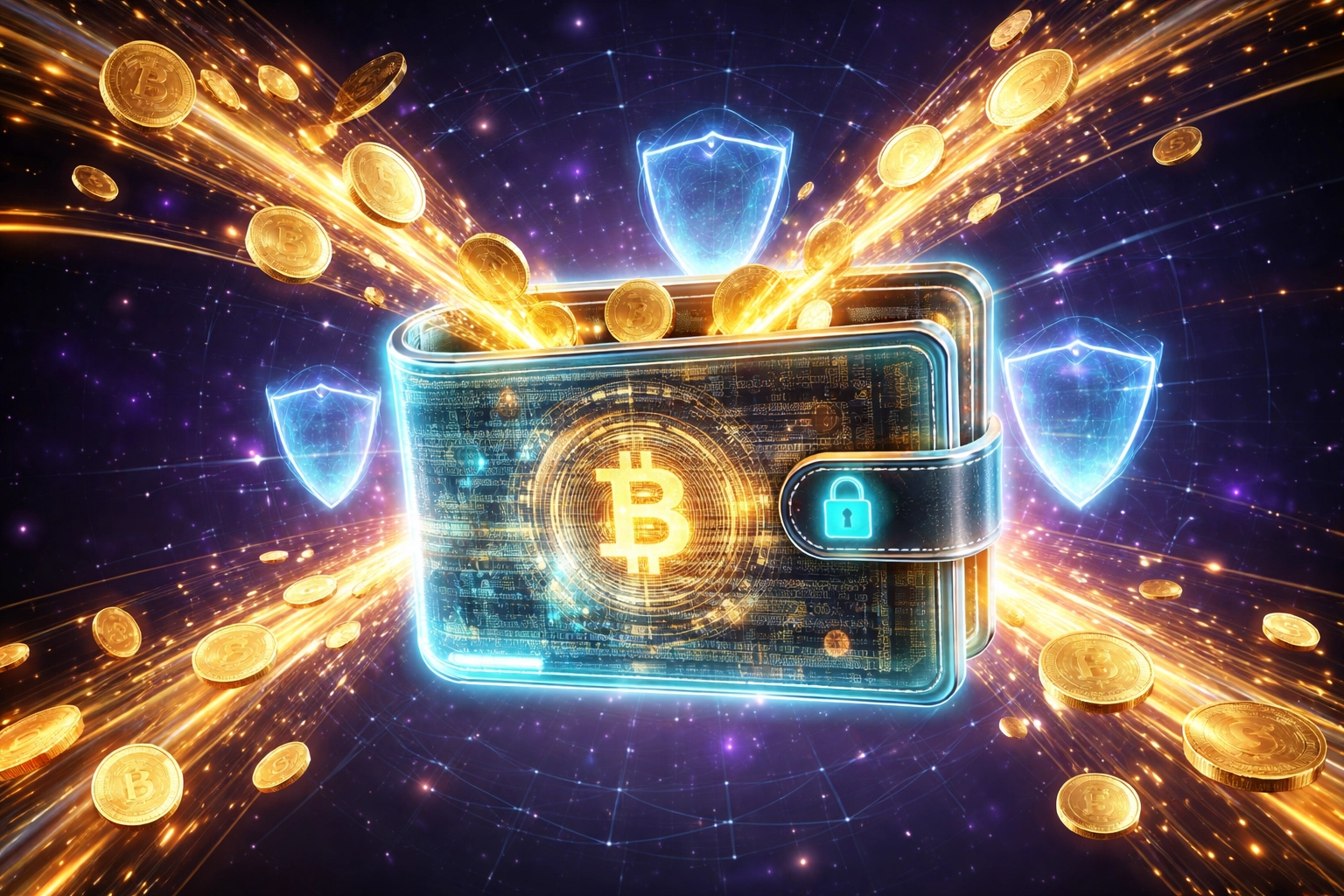 A glowing wallet in space with cryptocurrency coins flowing in, representing blockchain-based self-custody for Web3 payments.