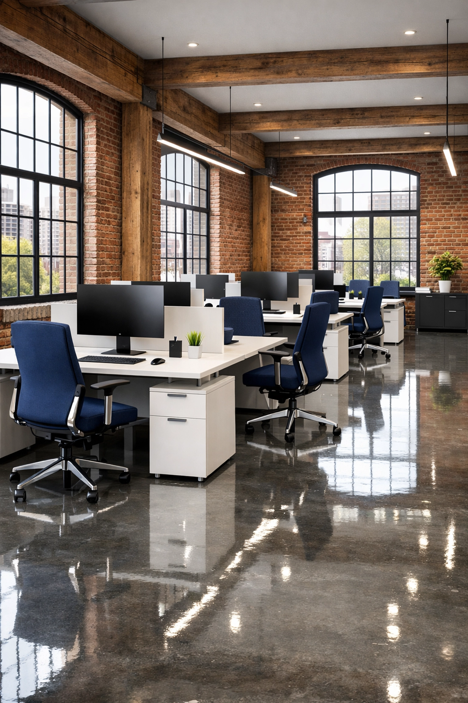 Clean and sanitized professional office space in a renovated Hudson building after commercial cleaning.