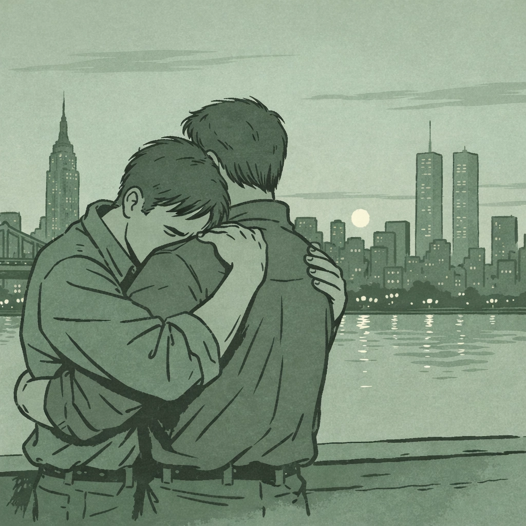 Two men embrace during the 1980s AIDS crisis that led to The Mineshaft's closure in New York City