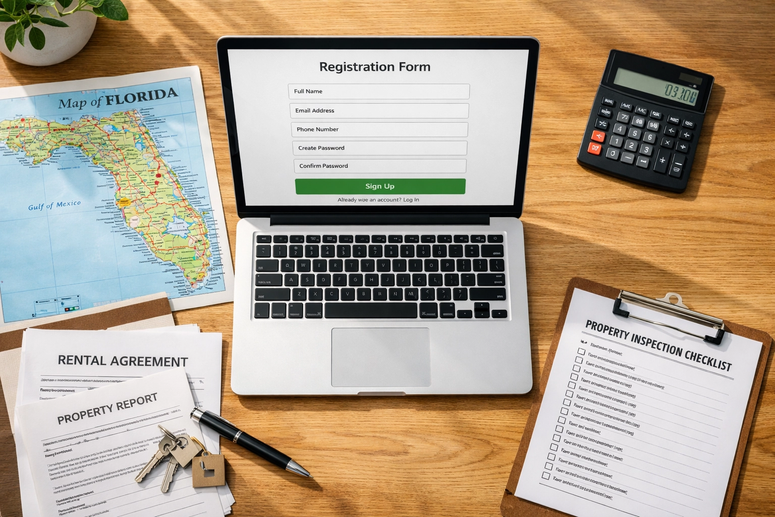 Rental property registration paperwork and laptop for Cape Coral compliance requirements