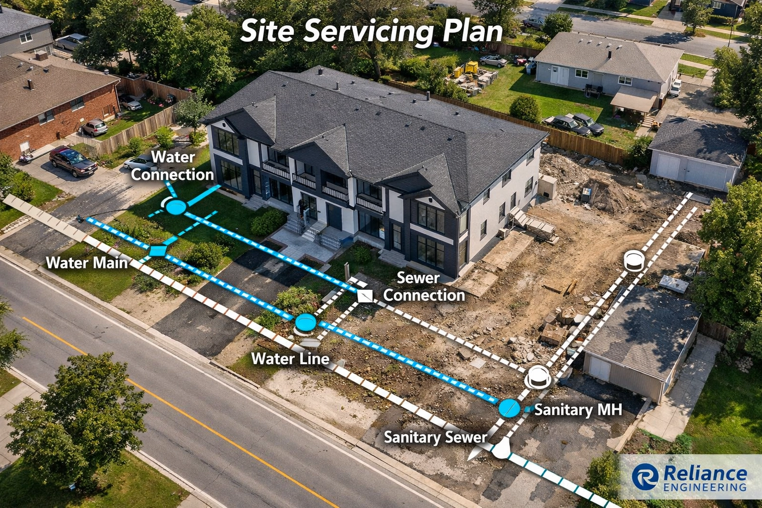 Drone view of an Ontario house conversion showing professional 4-plex servicing plans and utility graphics.