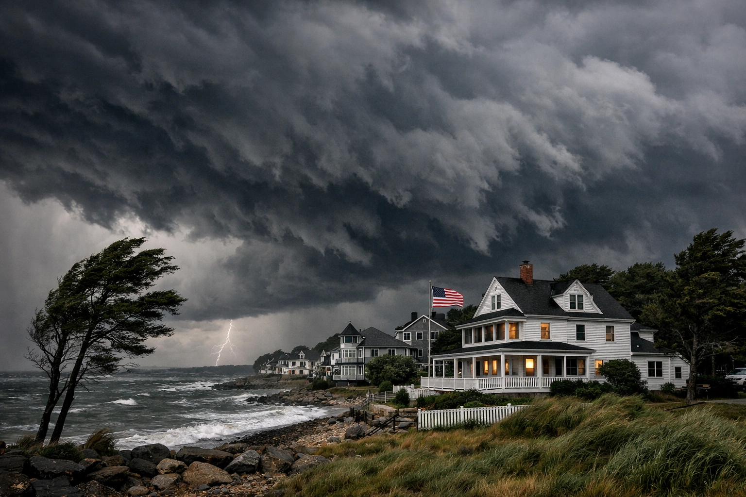 Severe storm clouds over Connecticut coastal homes showing weather risk