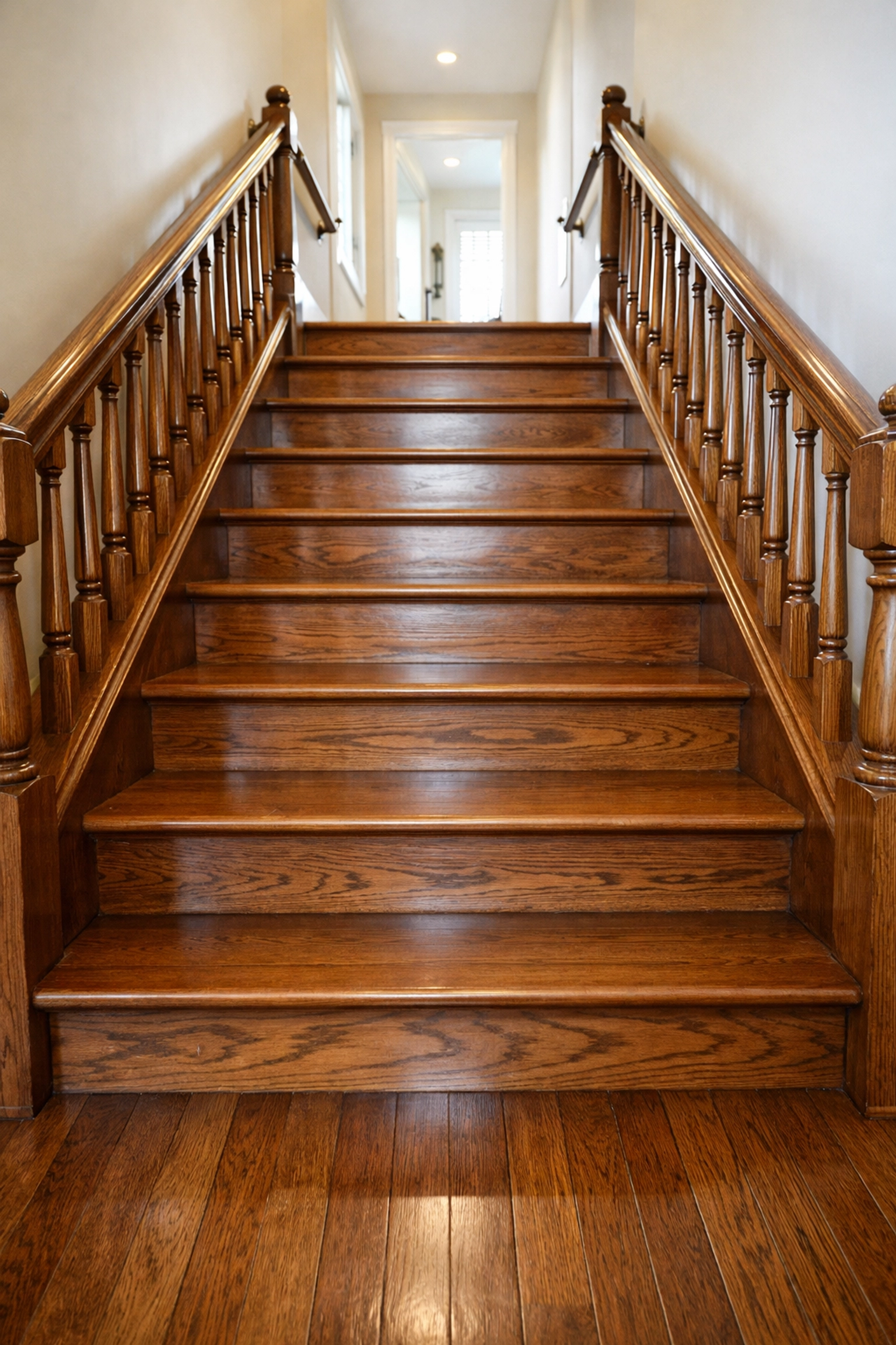 A well-lit indoor wooden staircase with dual handrails installed on both sides for maximum support.