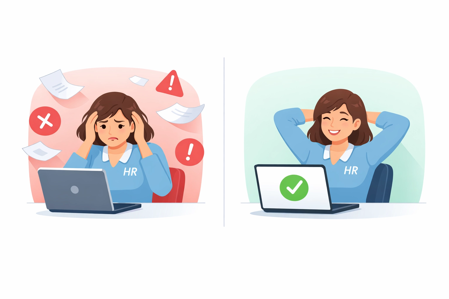 HR worker comparison showing reduced stress and errors with employee self-service portal