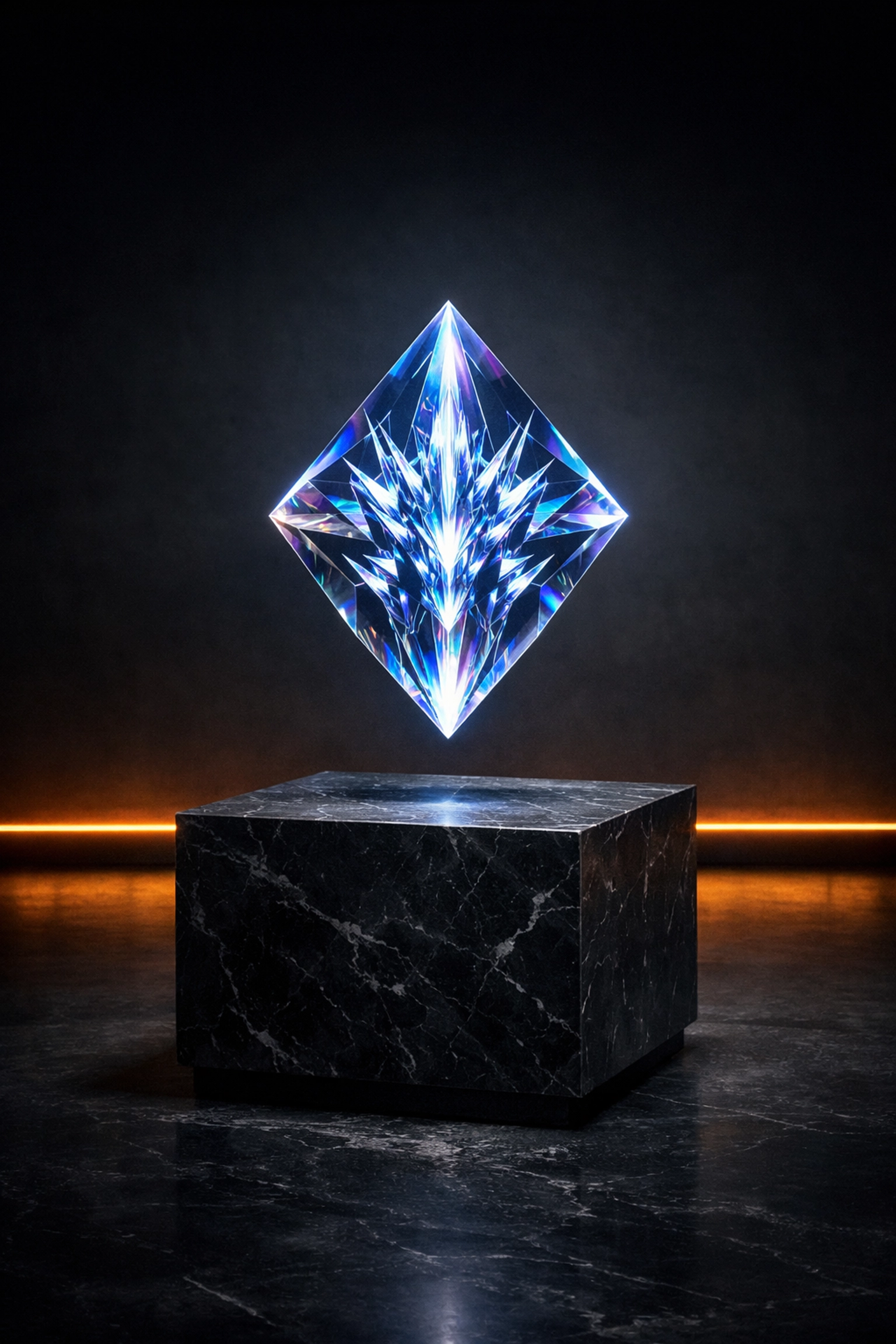 Holographic prism on a marble pedestal showcasing the high-end UI/UX design of a luxury digital flagship.