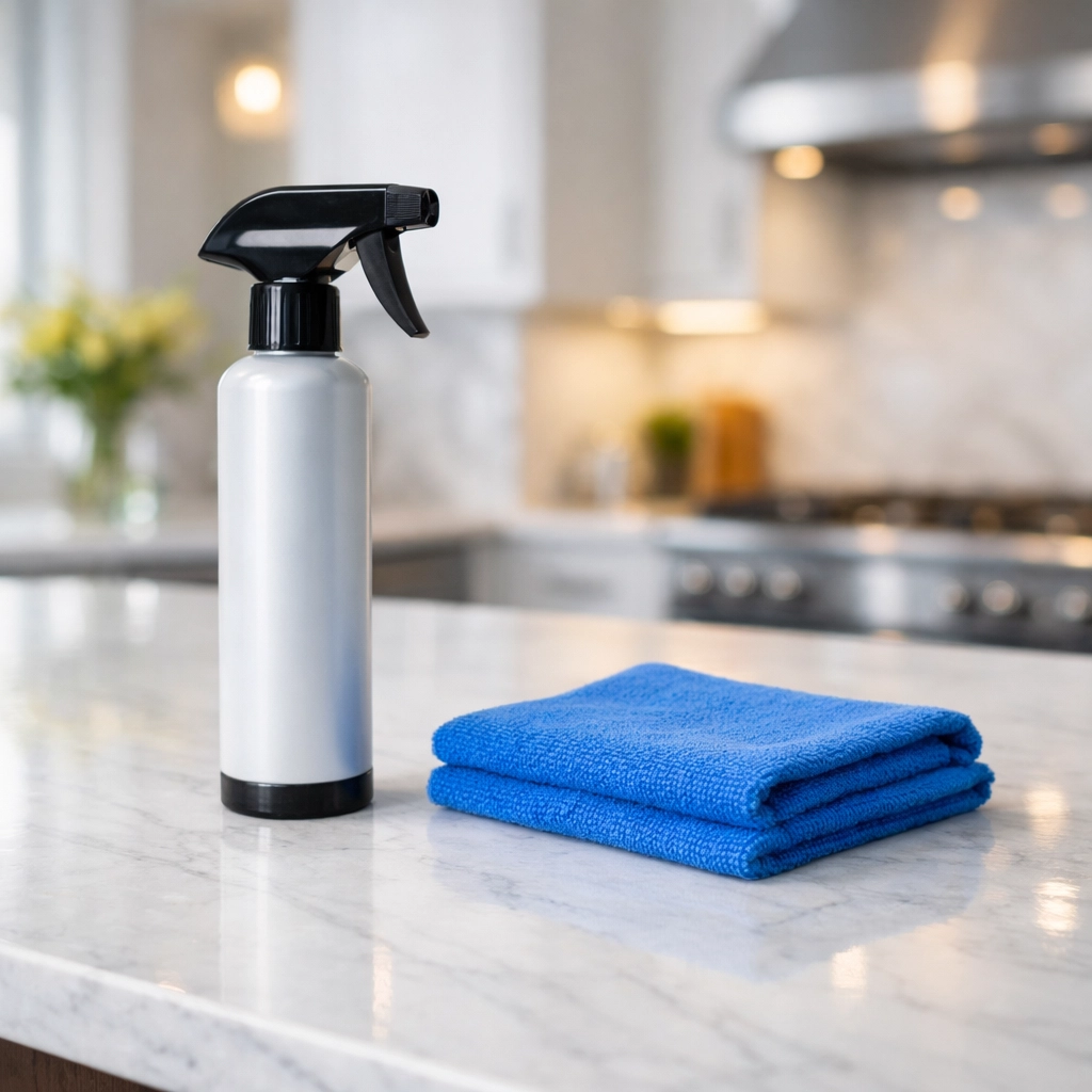 Professional deep cleaning in Lincoln results on a streak-free marble kitchen countertop with a microfiber cloth.
