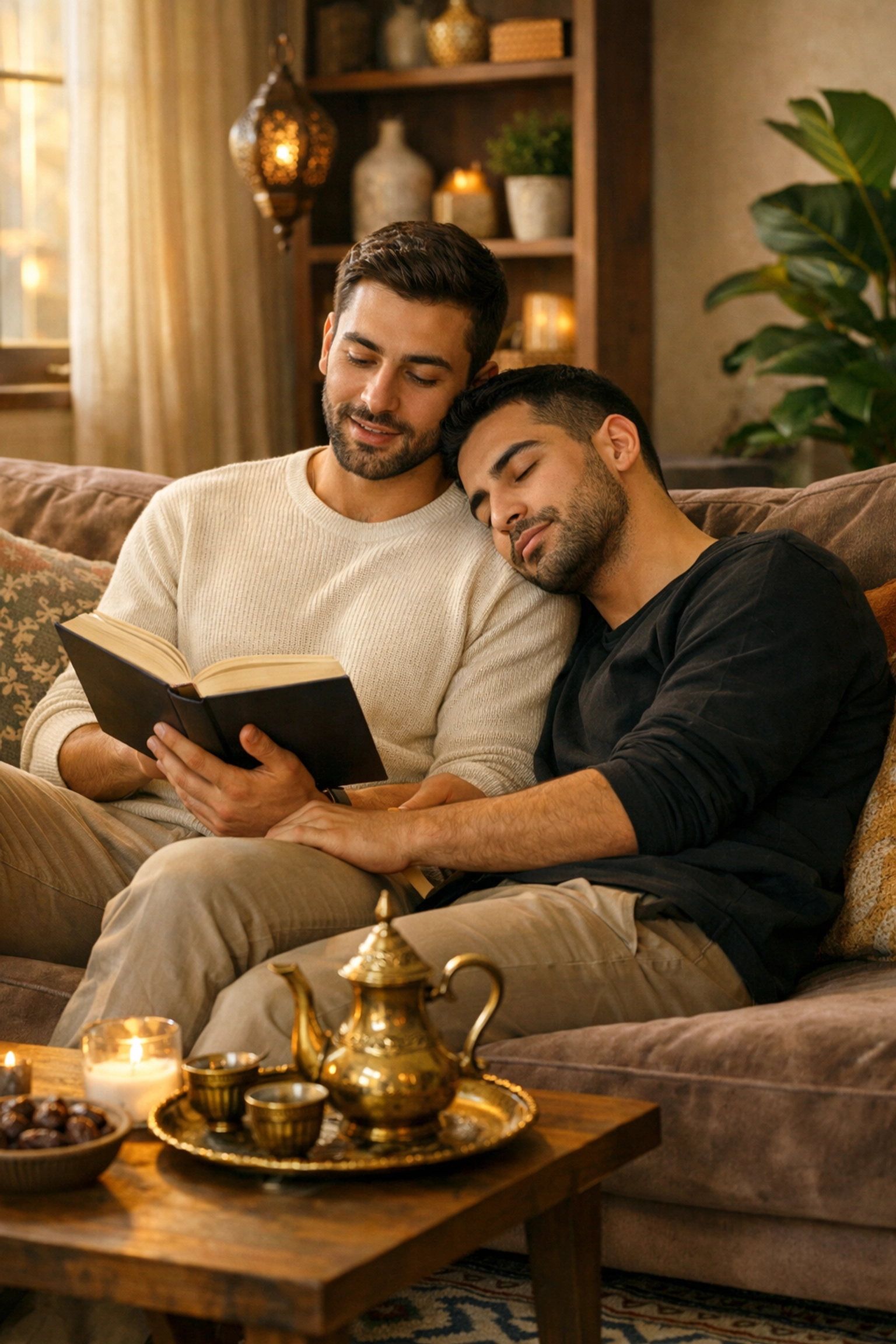 Gay Arab couple reading a book together on a sofa in a cozy, private apartment setting.