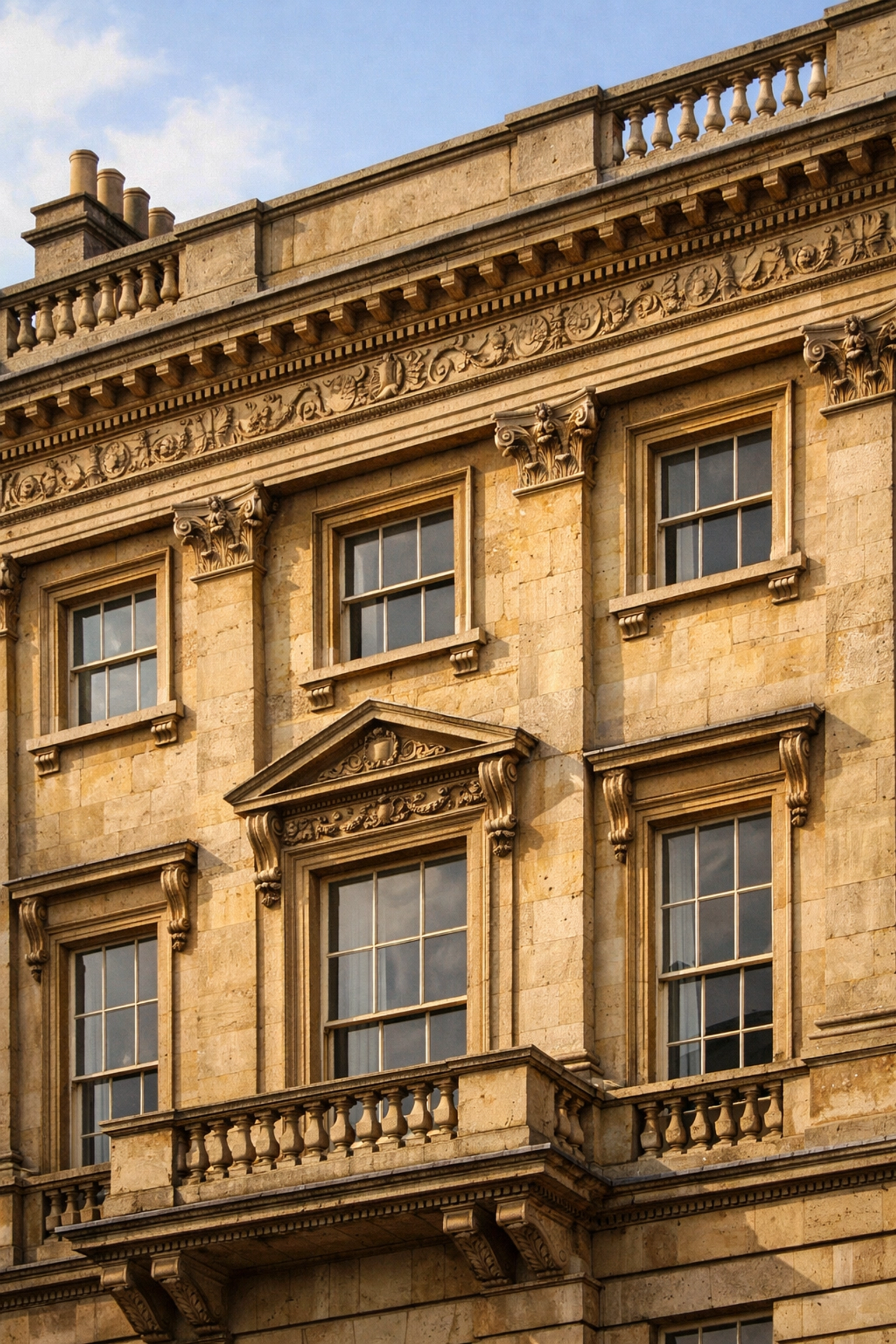 Unpainted Regency stonework with carved details on listed building in the Cotswolds