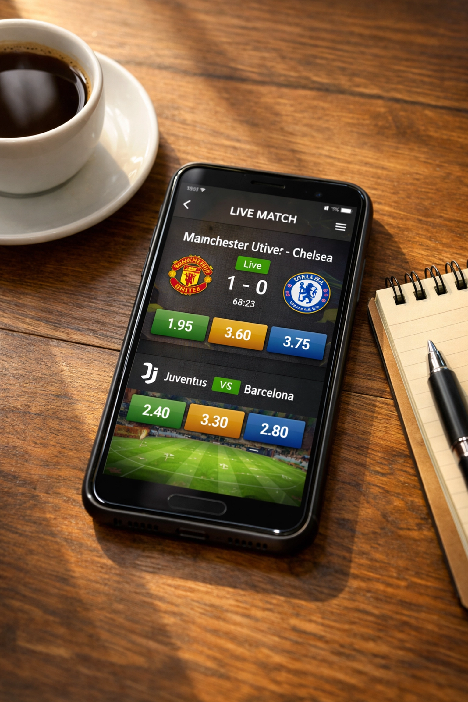 Sportwetten-App auf Smartphone mit Live-Fußball-Quoten und Team-Logos auf Schreibtisch