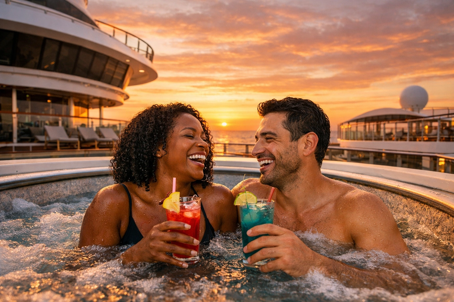 Couple enjoying sunset in rooftop hot tub on Virgin Voyages adults-only cruise ship