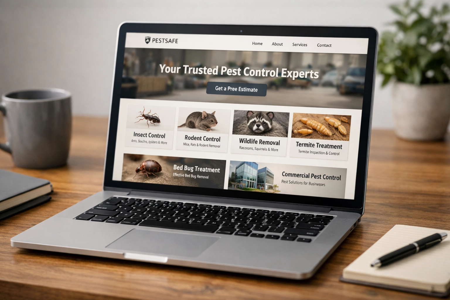 Pest control company website displaying service pages and customer testimonials on laptop