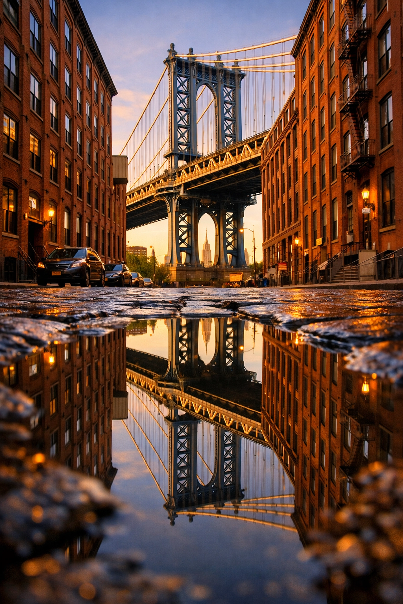 Low-angle puddle reflection of the Manhattan Bridge, a creative way to photograph iconic instagrammable places.