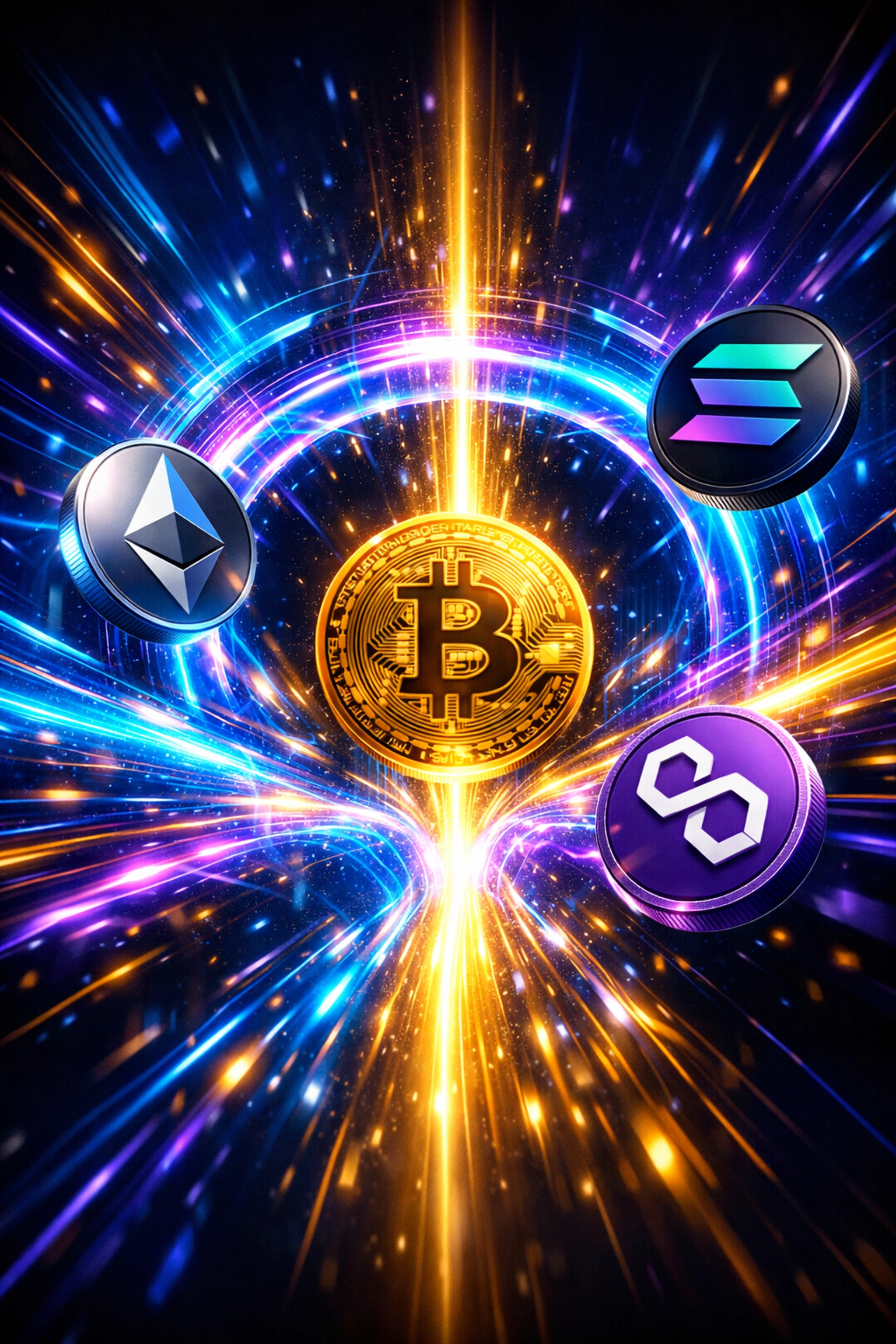 Multiple cryptocurrency tokens flowing through cross-chain bridge for seamless Web3 payment conversion