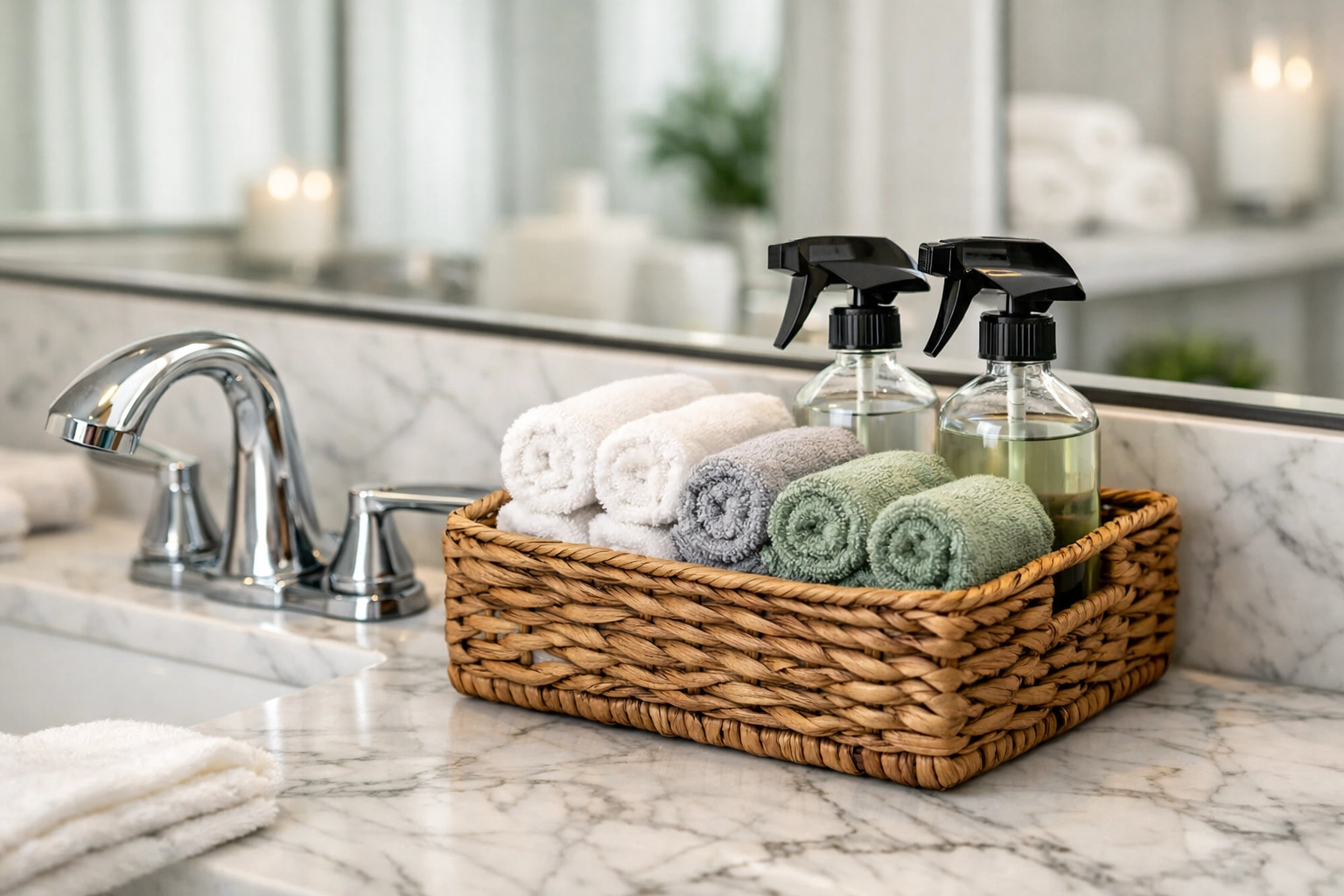 A modern marble bathroom vanity with organized cleaning supplies in a spa-like Medfield home.