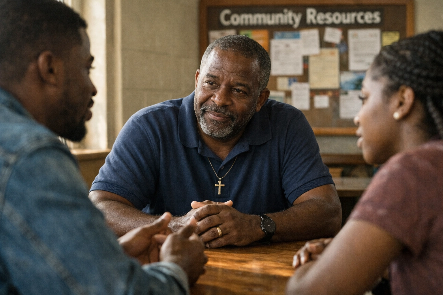 Black pastor listening to young community members to improve church outreach programs.