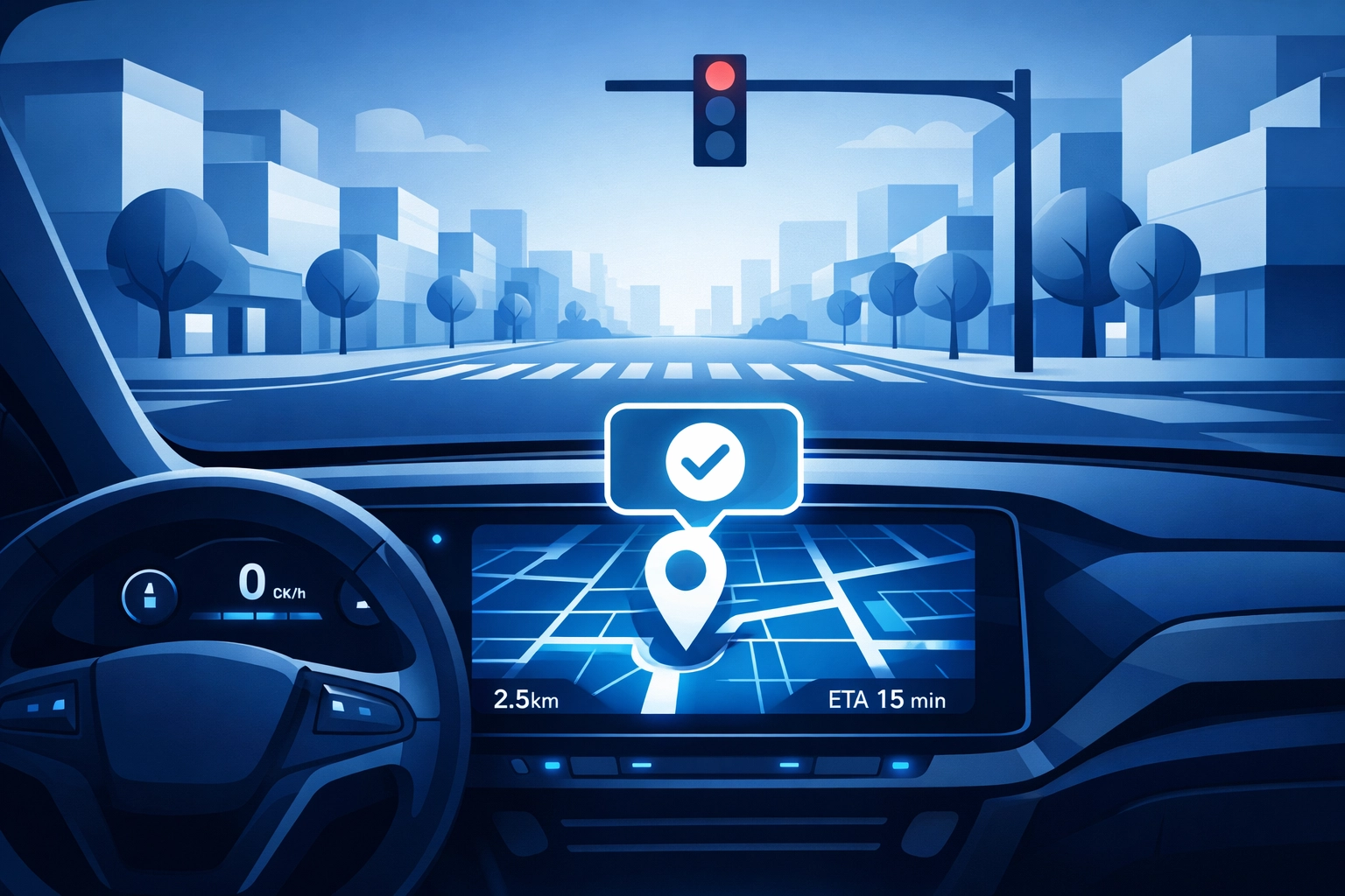 Waze takeover ad notification showing on a car dashboard map for a local business.