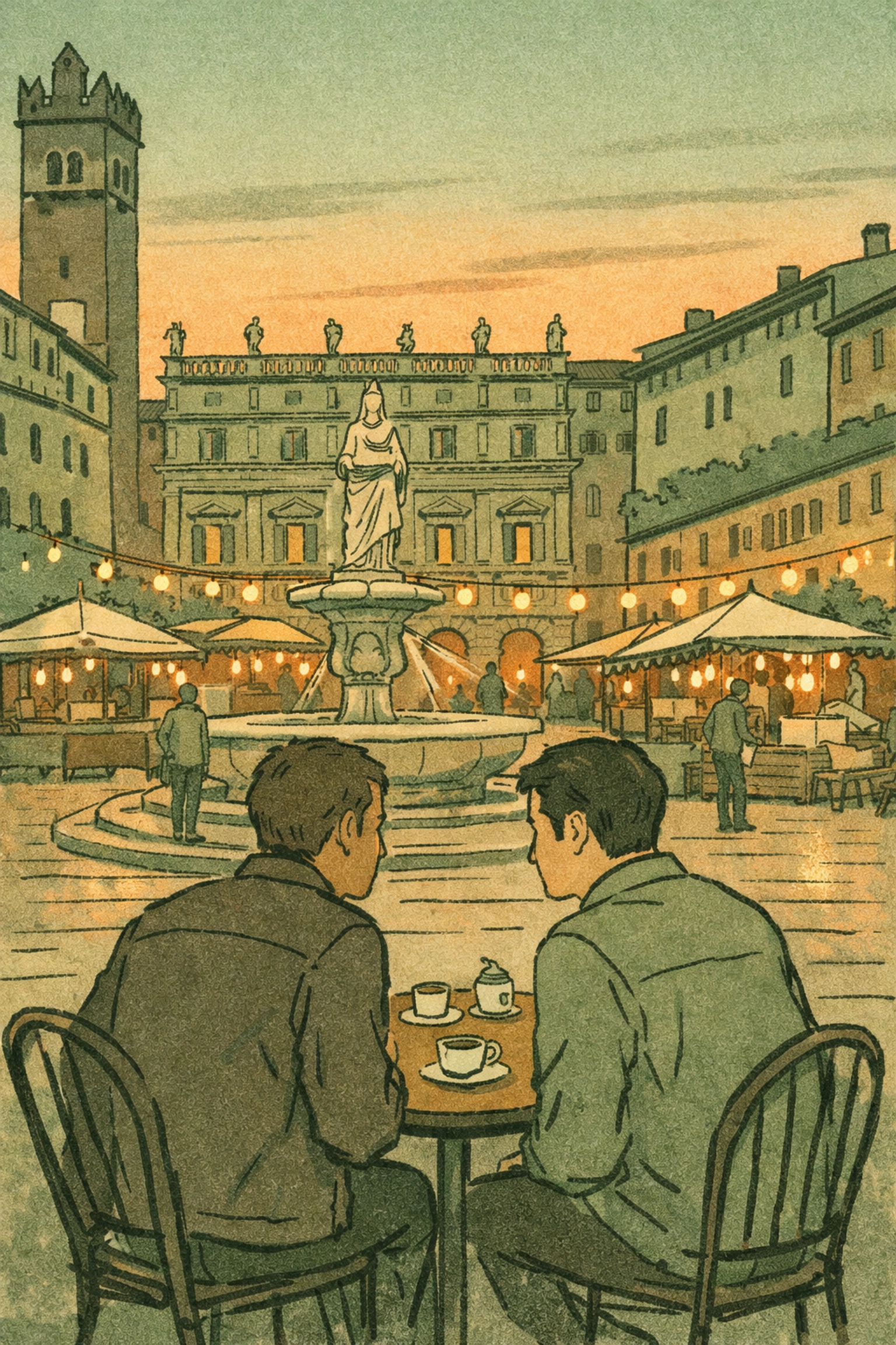Two men share coffee in historic Piazza delle Erbe Verona at dusk