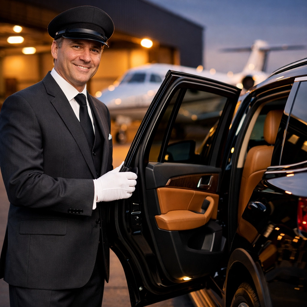 Professional chauffeur in a suit opening a black luxury SUV at an airport for VIP executive travel.