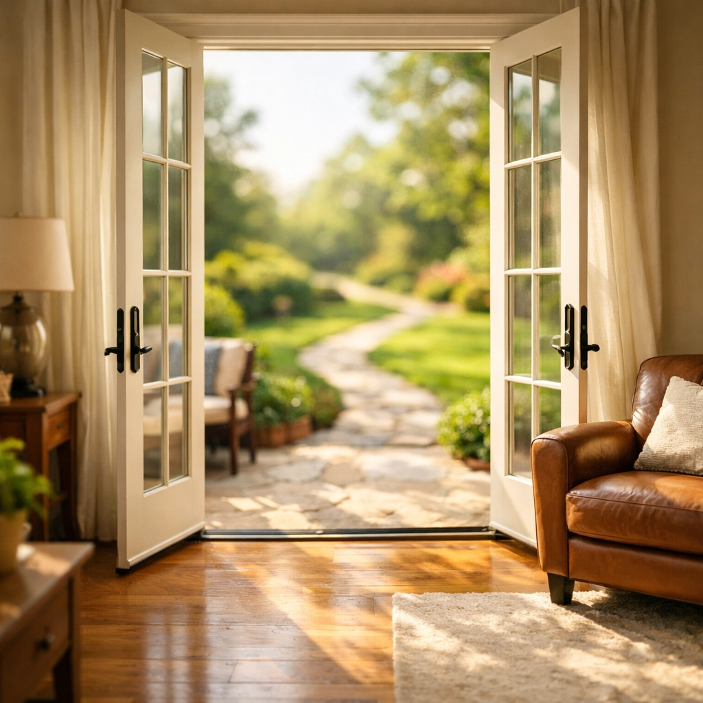 Sunlit living room in an upscale sober living house in Nashville TN with open doors to a peaceful garden path.