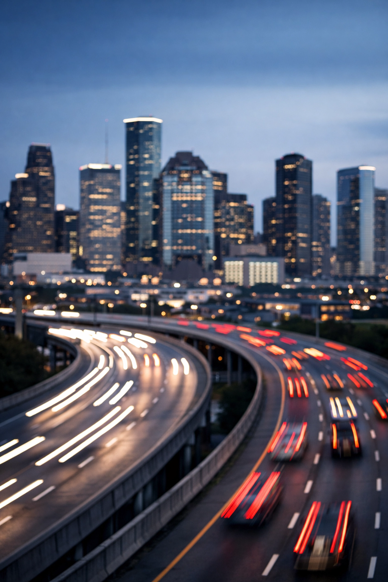 Busy Houston skyline at dusk with highway traffic representing the fast-paced city hustle.