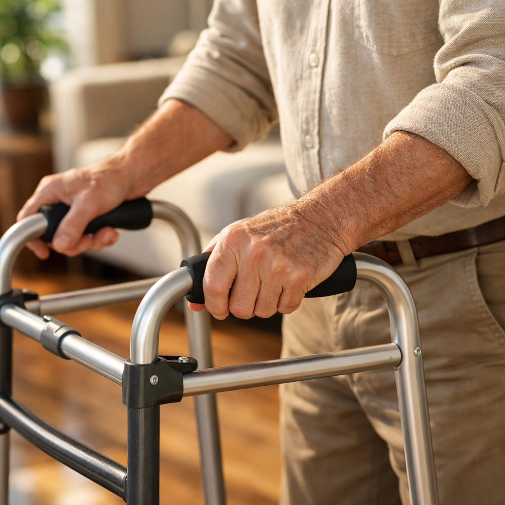 Senior hands on walker grips showing correct height and wrist alignment for safe mobility aid use.