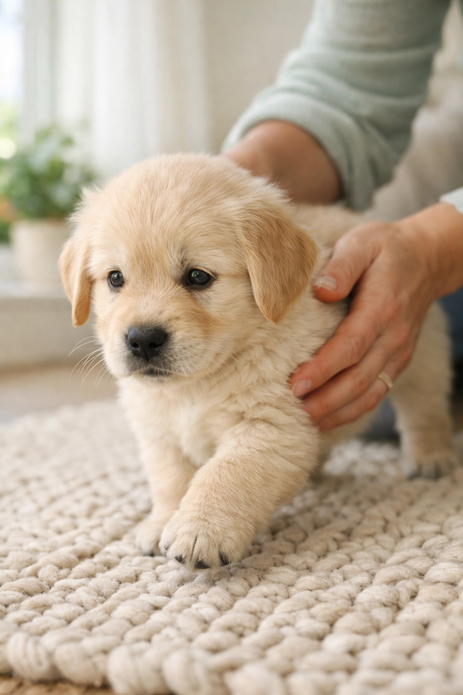 A young Golden Retriever puppy in Oregon participating in early socialization and training for adaptability.