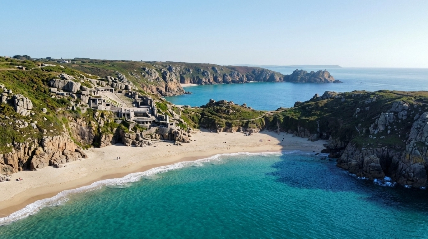 A breathtaking aerial view of Porthcurno Beach in Cornwall, England, featuring turquoise waters and granite cliffs.