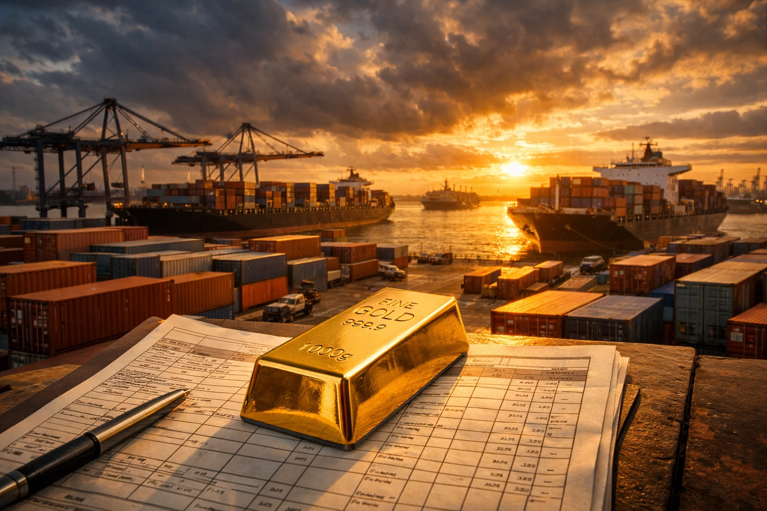 Gold bar on shipping documents at international port representing global trade and reserves