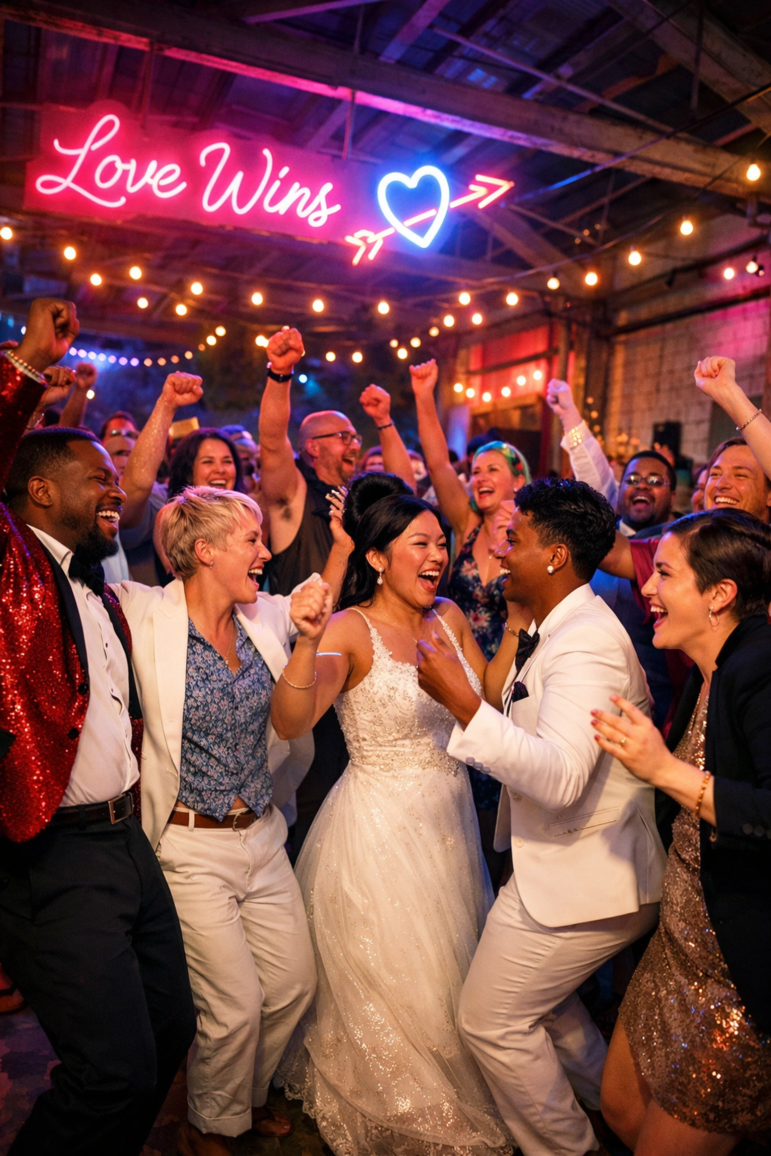 LGBTQ+ wedding guests celebrating and dancing under neon lights at Brooklyn reception
