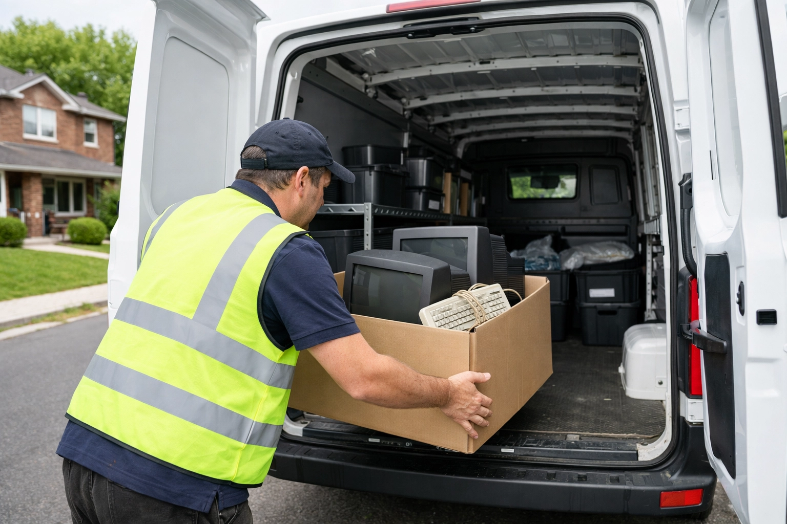 Womblers team member collecting boxes of electronic waste from a Northamptonshire residence.