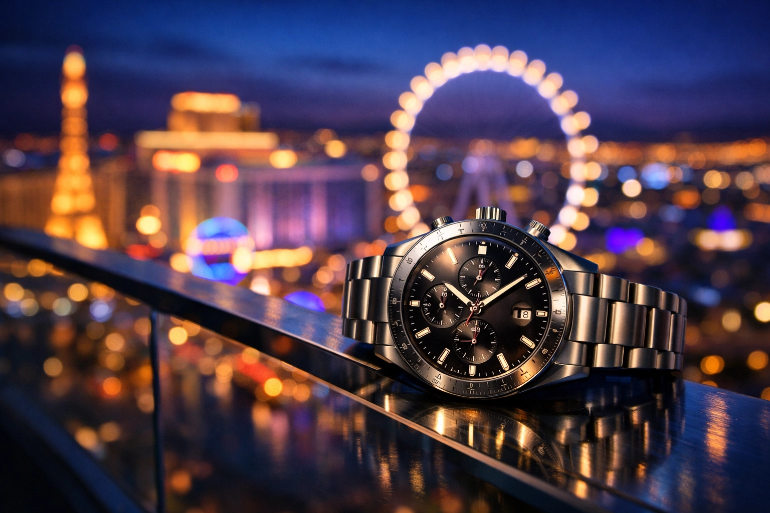 Luxury watch on a Las Vegas balcony at night, highlighting current Pacific Time synchronization.
