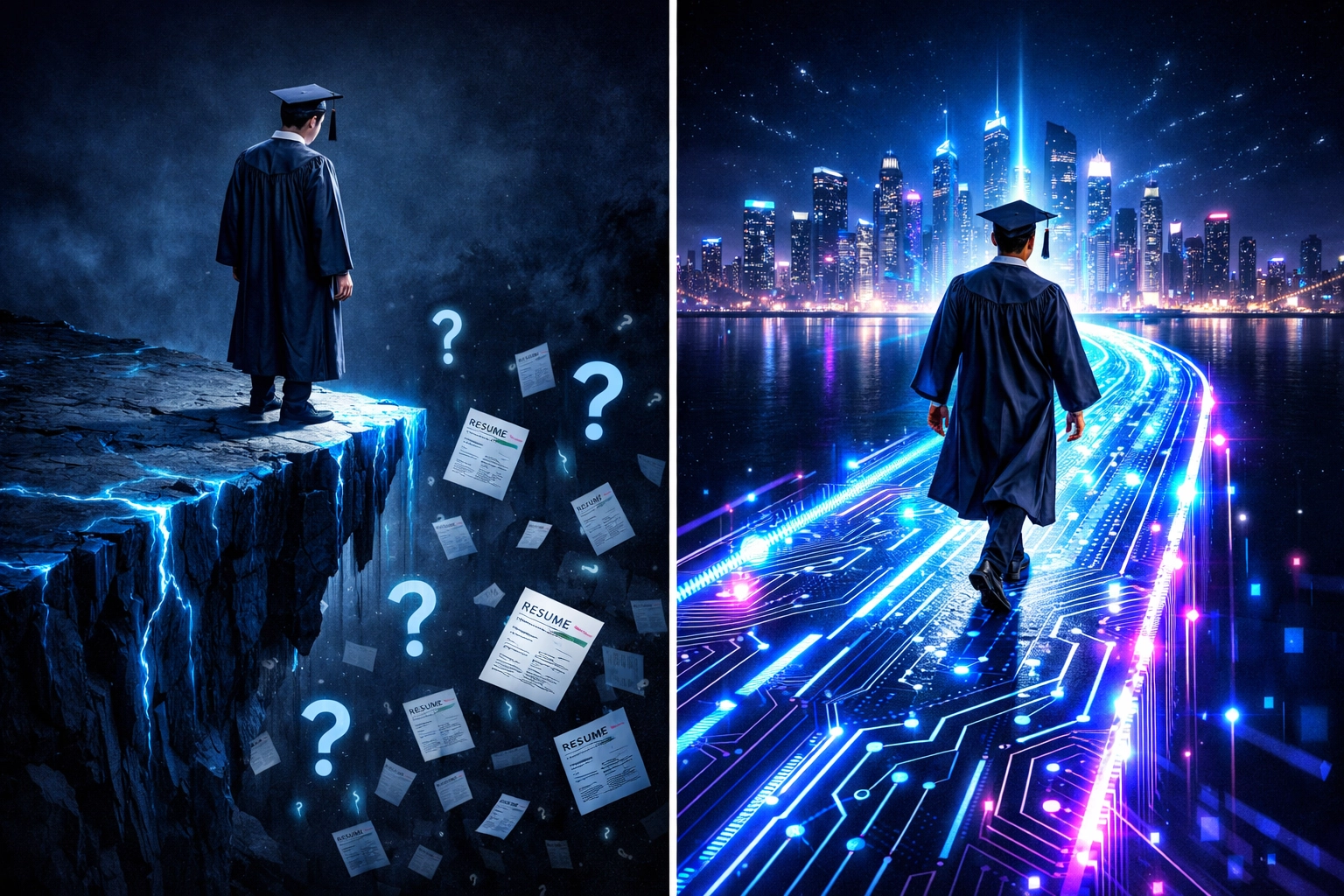 Graduate transitioning from traditional career uncertainty to AI-powered campus-to-career bridge