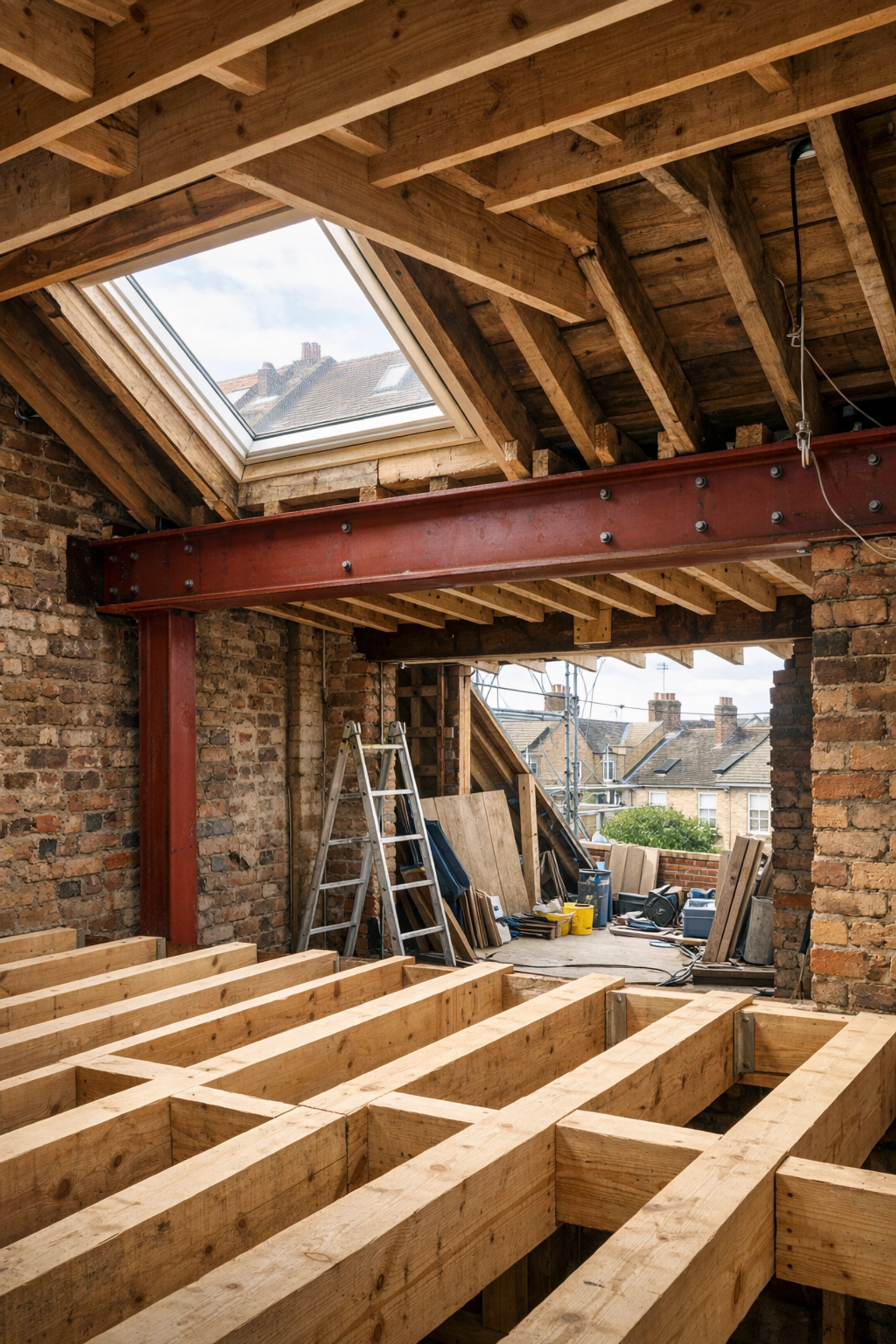 Loft conversion construction London showing new structural beams and joists installation