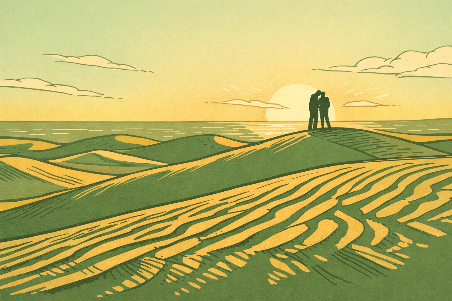 Two men at sunrise on Maspalomas dunes Gran Canaria, gay romance destination with ocean view